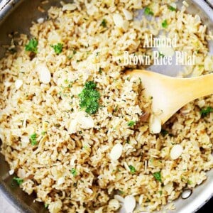 Almond Brown Rice Pilaf - Turn simple brown rice into a delicious healthy dish with toasted almonds, sweet shallots and parsley!