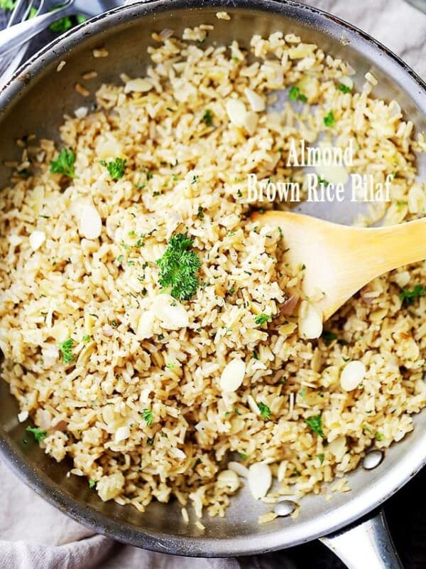 Almond Brown Rice Pilaf - Turn simple brown rice into a delicious healthy dish with toasted almonds, sweet shallots and parsley!