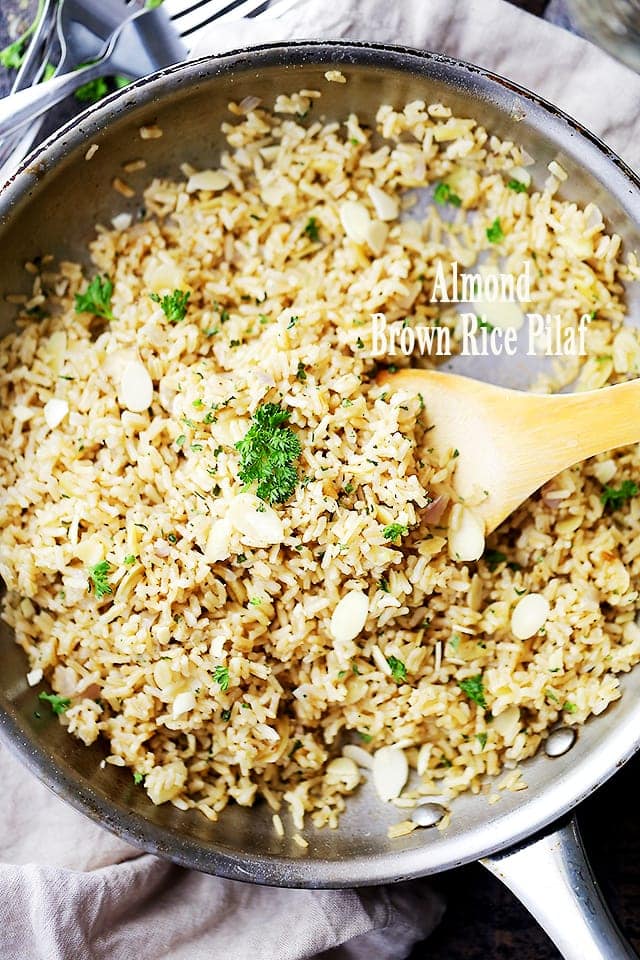 Almond Brown Rice Pilaf - Turn simple brown rice into a delicious healthy dish with toasted almonds, sweet shallots and parsley!