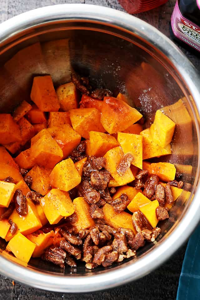 Diced butternut squash tossed with pecans, honey, and cinnamon.