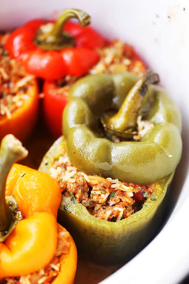 Close-up photo of Slow Cooker Stuffed Peppers.