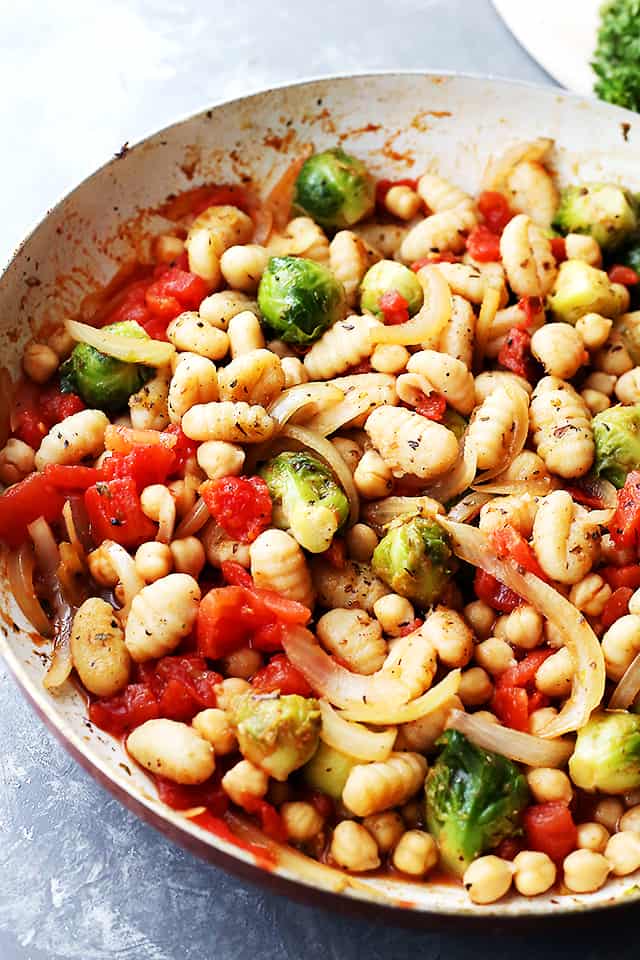 One Skillet Gnocchi with Brussels Sprouts and Chickpeas - A delicious, healthy, and vegetarian one skillet meal that comes together in just 30 minutes! 