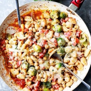 One Skillet Gnocchi with Brussels Sprouts and Chickpeas - A delicious, healthy, and vegetarian one skillet meal that comes together in just 30 minutes!