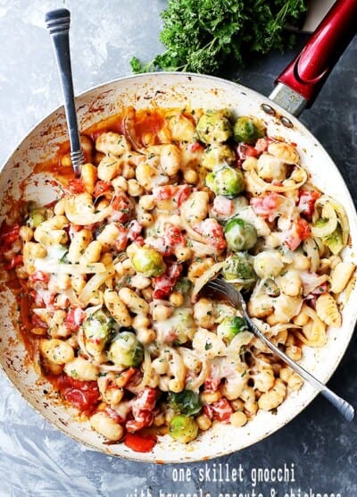 One Skillet Gnocchi with Brussels Sprouts and Chickpeas - A delicious, healthy, and vegetarian one skillet meal that comes together in just 30 minutes!