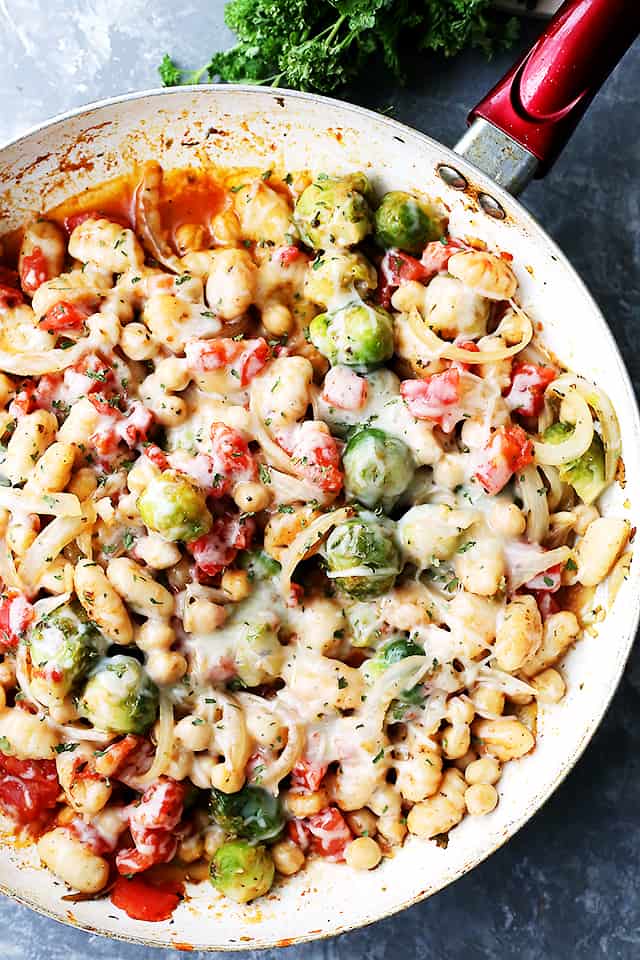 Gnocchi with Brussels Sprouts and Chickpeas in a skillet. 