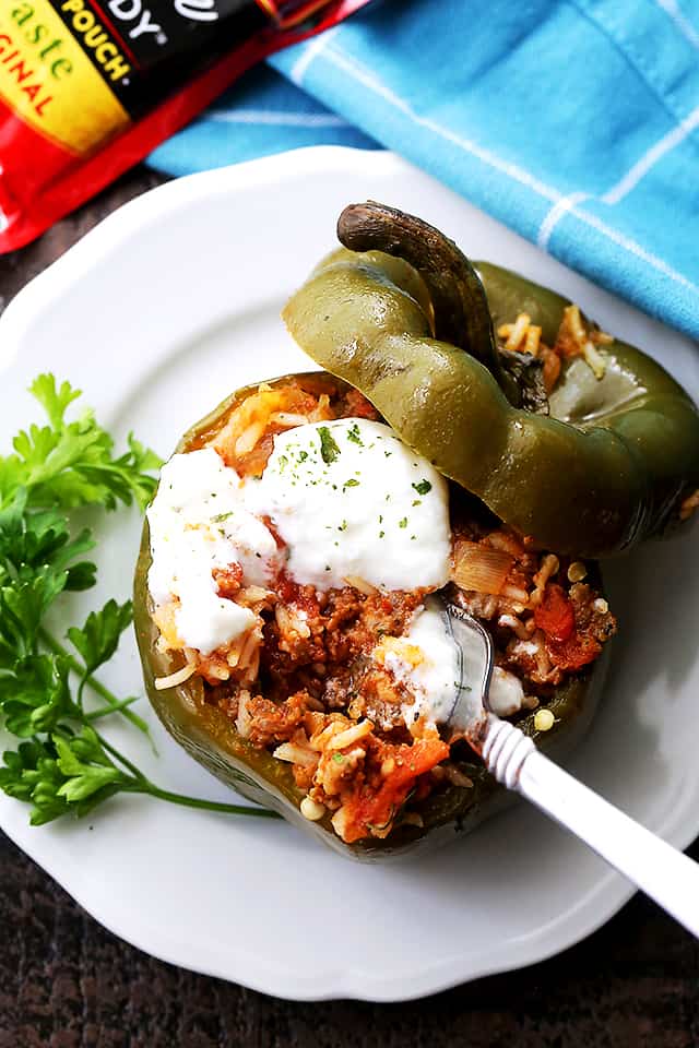 Crockpot Stuffed Peppers served on a dinner plate. 