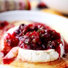 A wheel of melted baked brie cheese topped with red cranberry sauce.