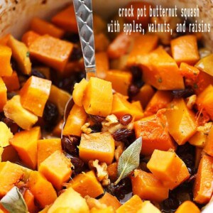 Crock Pot Butternut Squash with Apples, Walnuts and Raisins - This easy, delicious, and simple holiday side dish combines butternut squash, fresh apples, crunchy walnuts and sweet raisins cooked simply in the crock pot.