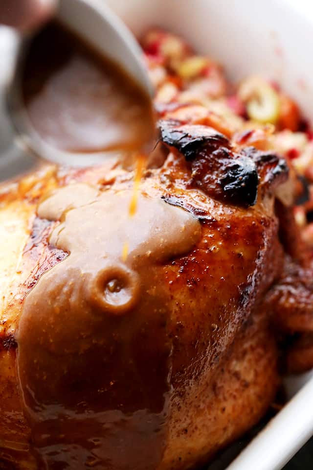 Turkey Breast prepared in a slow cooker with a honey-soy glaze is drizzled with turkey gravy.