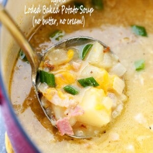 Pot of loaded baked potato soup.