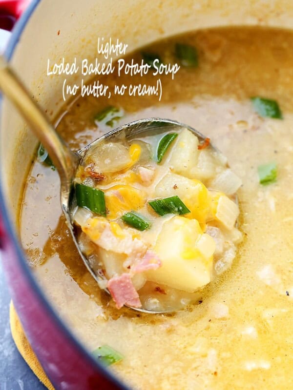 Pot of loaded baked potato soup.