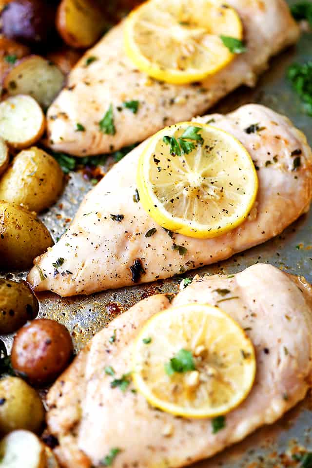 Sheet Pan Honey Garlic Lemon Chicken with Potatoes - Delicious and super easy weeknight dinner featuring flavorful and juicy chicken breasts cooked on a single pan with roasted potatoes!