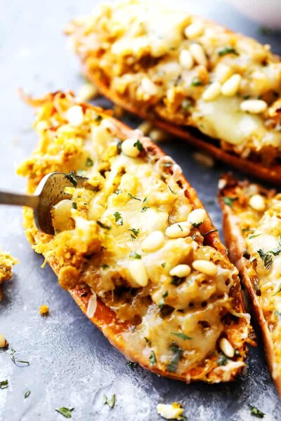 Cheesy Twice Baked Sweet Potatoes with Basil Pesto - Diethood