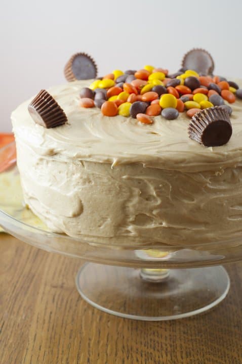 Reeses Double Peanut Butter Layered Cake topped with peanut butter cups and Reeses Pieces on a cake pedastal