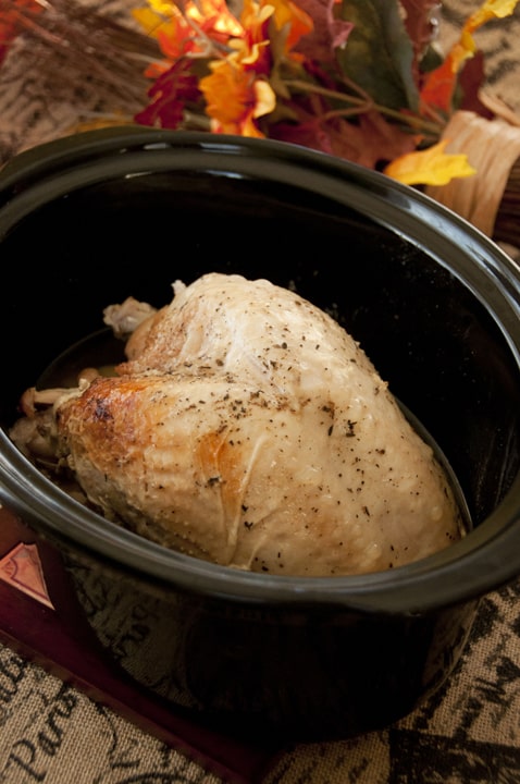 A whole turkey breast with seasoning in a slow cooker