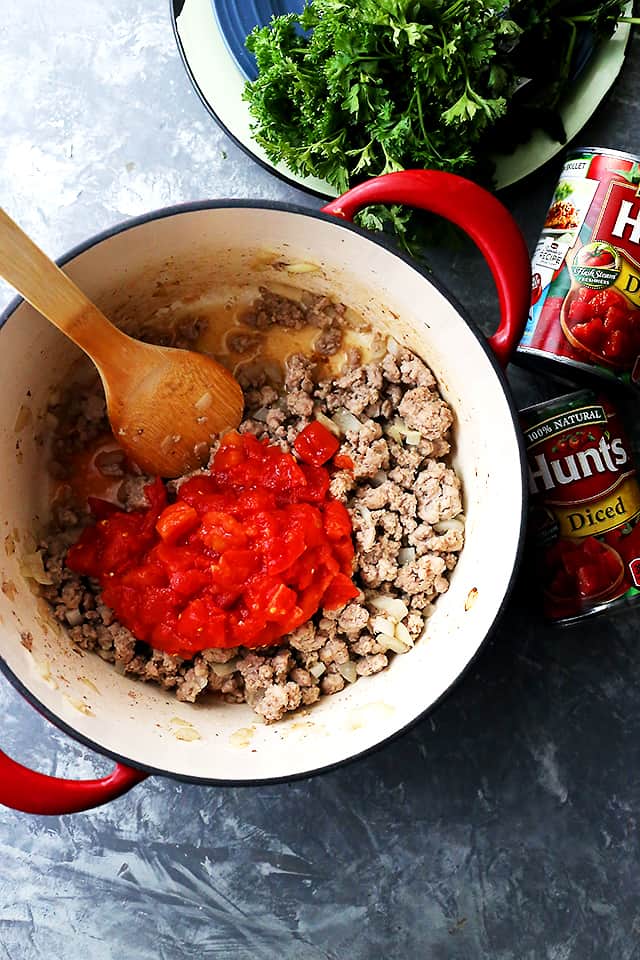 Seasoned Ground Turkey and Diced Tomatoes Being Mixed Together in a Pot on a Countertop