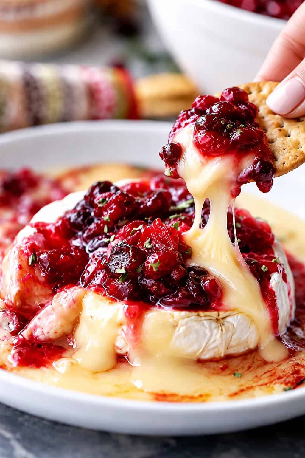 A hand scooping up melted brie cheese topped with cranberries.