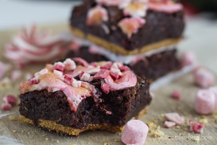 Peppermint Smores Brownies with pink icing