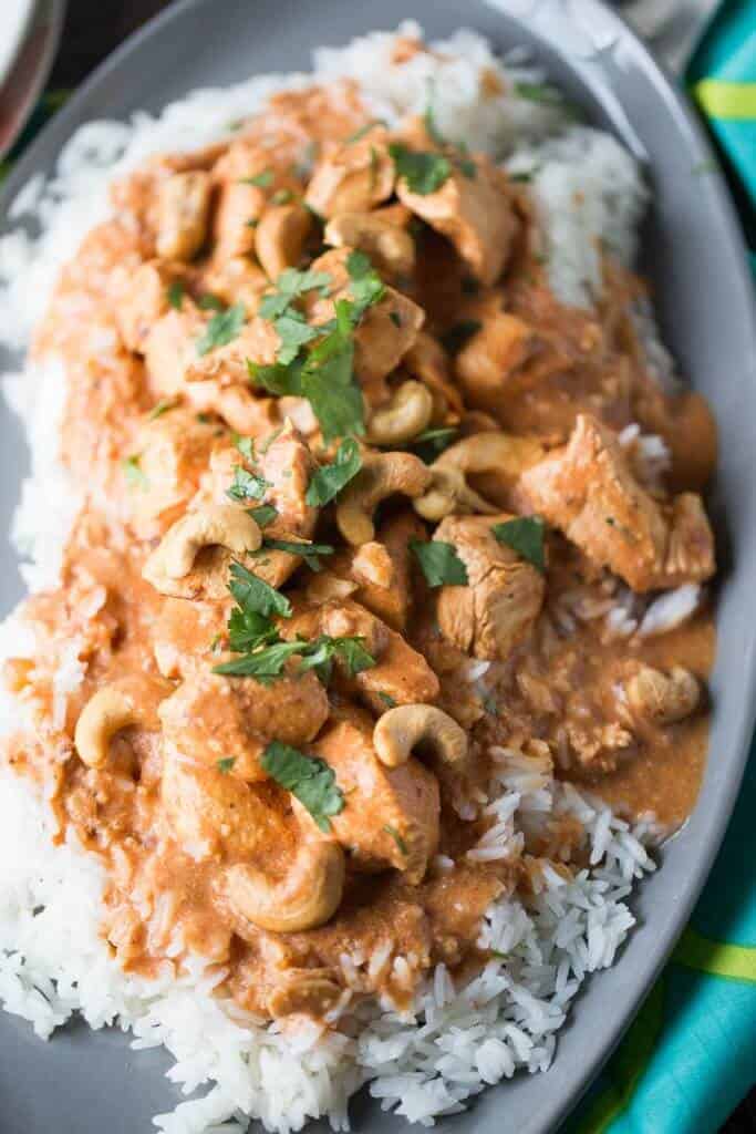 Chicken Curry over rice on a plate