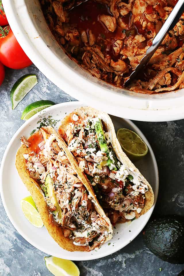 Slow Cooker Salsa Chicken Tacos - Packed with amazing flavors, healthy, and very easy to make Salsa Chicken Tacos! Arrange all ingredients in the crock pot and walk away!