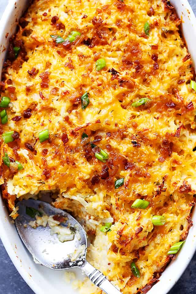 Feta and Cheddar Hash Brown Casserole - Delicious oven roasted hash brown potatoes with bacon, feta and cheddar Cheese.