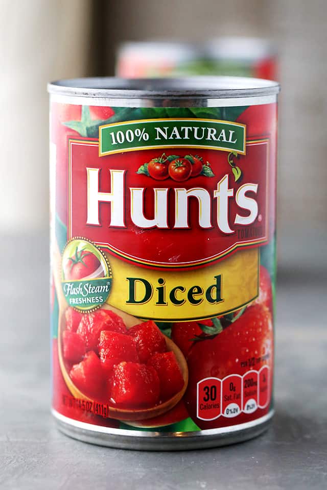 Close-up view of a can of Hunt's diced tomatoes