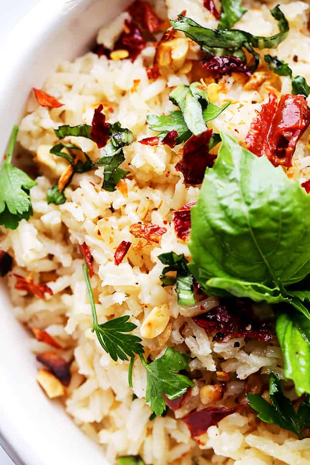 Spicy Thai Rice - One pot, easy and delicious Thai-style spicy rice with toasted peanuts, fresh basil and dried Thai chili.