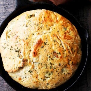 No Knead Skillet Olive Bread - Very easy to make, no-knead, crusty and delicious bread packed with marinated olives and garlic.