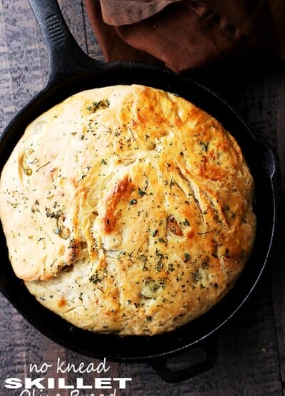No Knead Skillet Olive Bread - Very easy to make, no-knead, crusty and delicious bread packed with marinated olives and garlic.