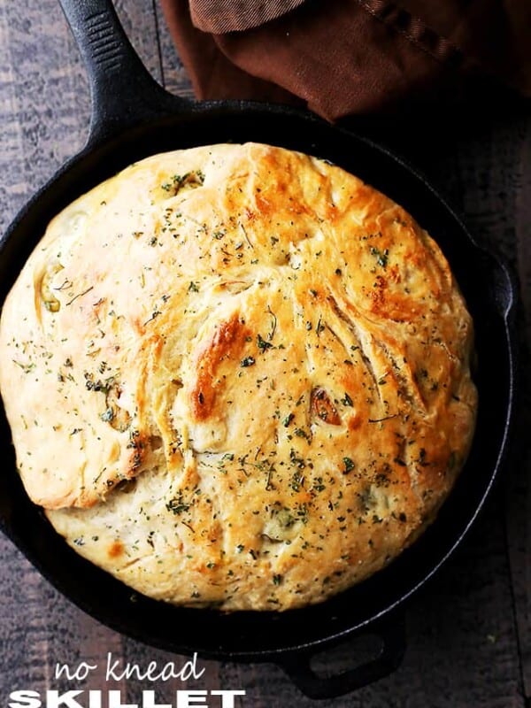 No Knead Skillet Olive Bread - Very easy to make, no-knead, crusty and delicious bread packed with marinated olives and garlic.