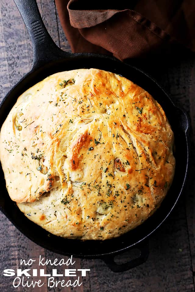 No Knead Skillet Olive Bread - Very easy to make, no-knead, crusty and delicious bread packed with marinated olives and garlic.