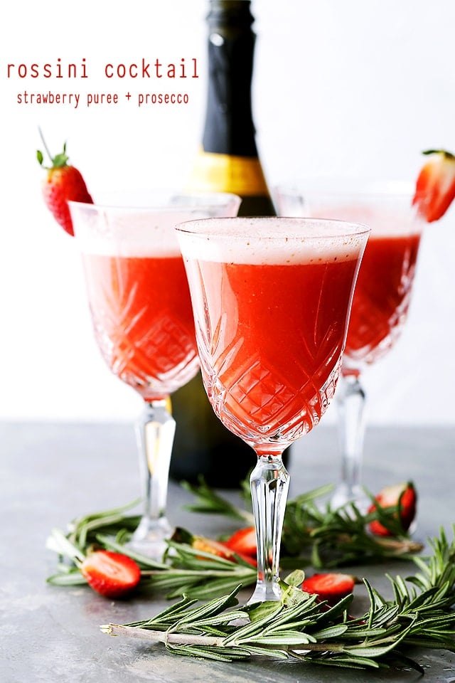 Rossini Cocktail - Festive, gorgeous, and delicious cocktail made with Prosecco and strawberry puree! 