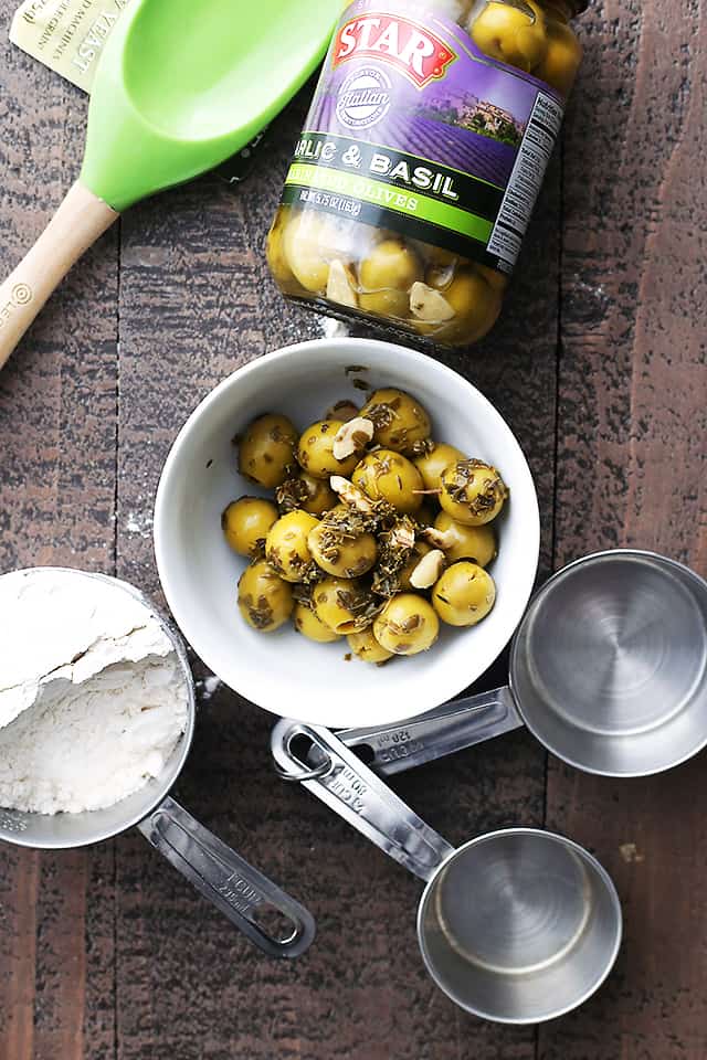 A shot of ingredients needed to make skillet olive bread.