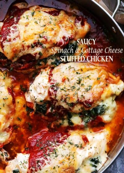Saucy Spinach and Cottage Cheese Stuffed Chicken - Easy, delicious, yet healthy stuffed chicken breasts with spinach and cottage cheese, all baked in a hot and bubbly tomato sauce.