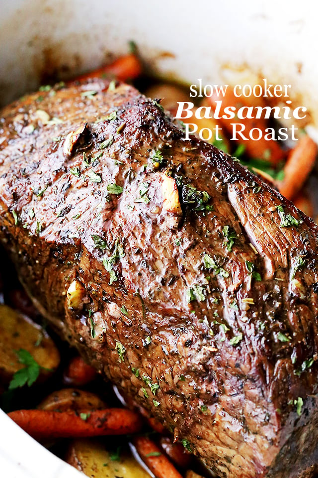 Slow Cooker Balsamic Pot Roast - Melt in your mouth, tender Balsamic Pot Roast prepared in the slow cooker with potatoes and carrots!