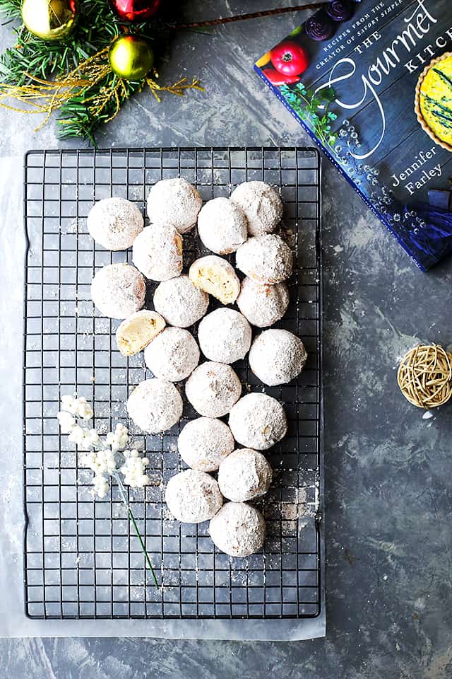 Overhead image of Snowdrop Cookies resting on a wire rack.