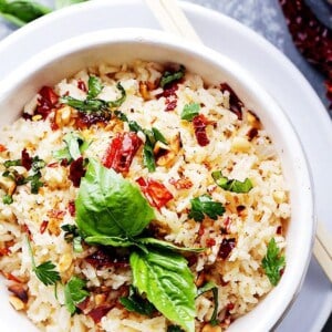 Spicy Thai Rice - One pot, easy and delicious Thai-style spicy rice with toasted peanuts, fresh basil and dried Thai chili.
