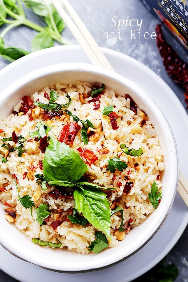 Spicy Thai Rice - One pot, easy and delicious Thai-style spicy rice with toasted peanuts, fresh basil and dried Thai chili.