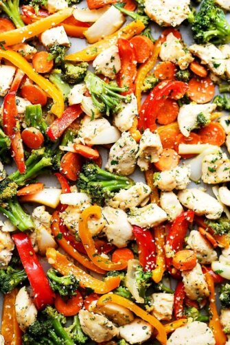Sheet Pan Chicken "Stir Fry" - Just one pan and 30 minutes is all you will need to make this amazing meal! Skip the wok and make this quick and healthy chicken stir fry dinner in the oven!