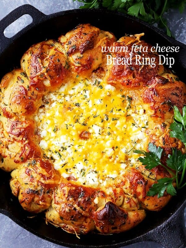 Warm Feta Cheese Bread Ring Dip - Soft and buttery pull apart rolls baked around a warm feta cheese dip!