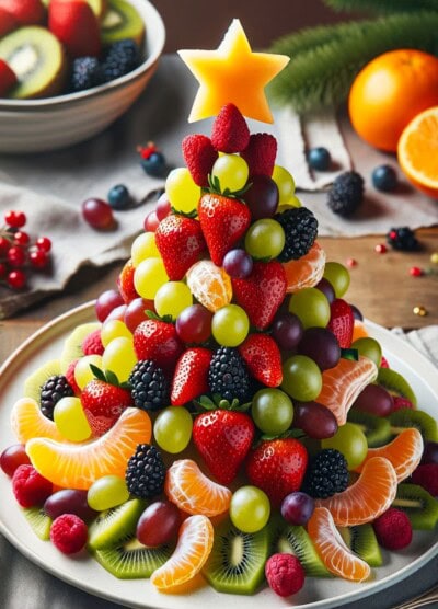 Christmas tree made of fruits and topped with a star cut out of a melon.