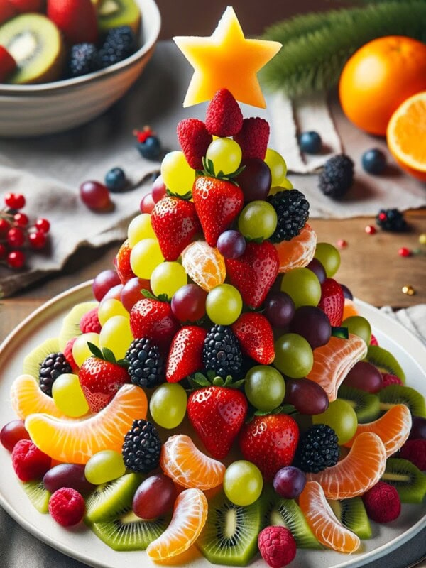 Christmas tree made of fruits and topped with a star cut out of a melon.