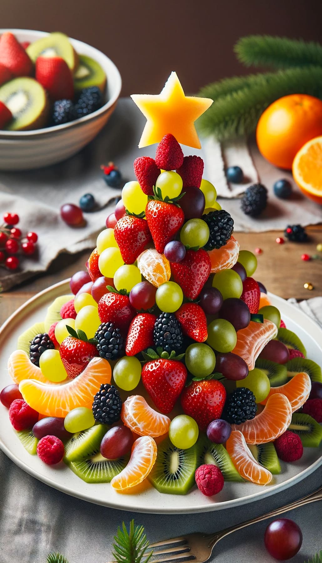 Christmas tree made of fruits and topped with a star cut out of a melon.