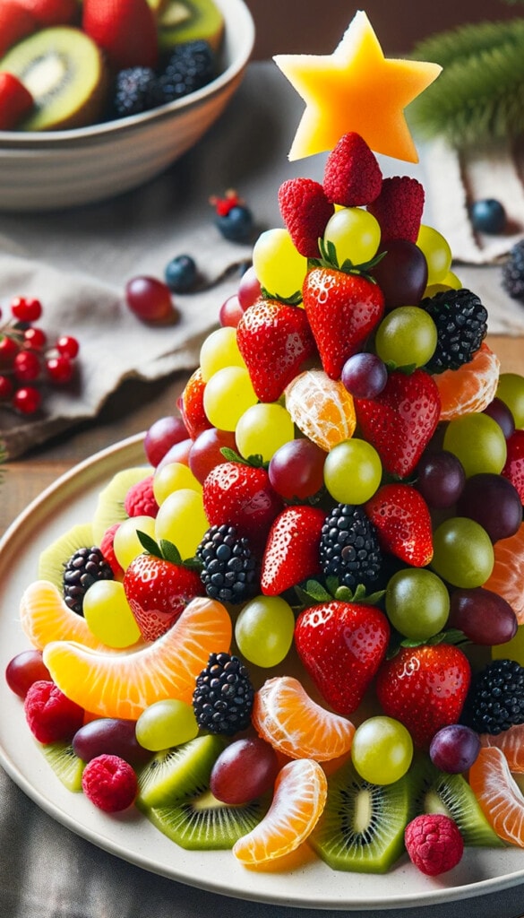 Up close photo of fruits created to shape an edible Christmas tree.