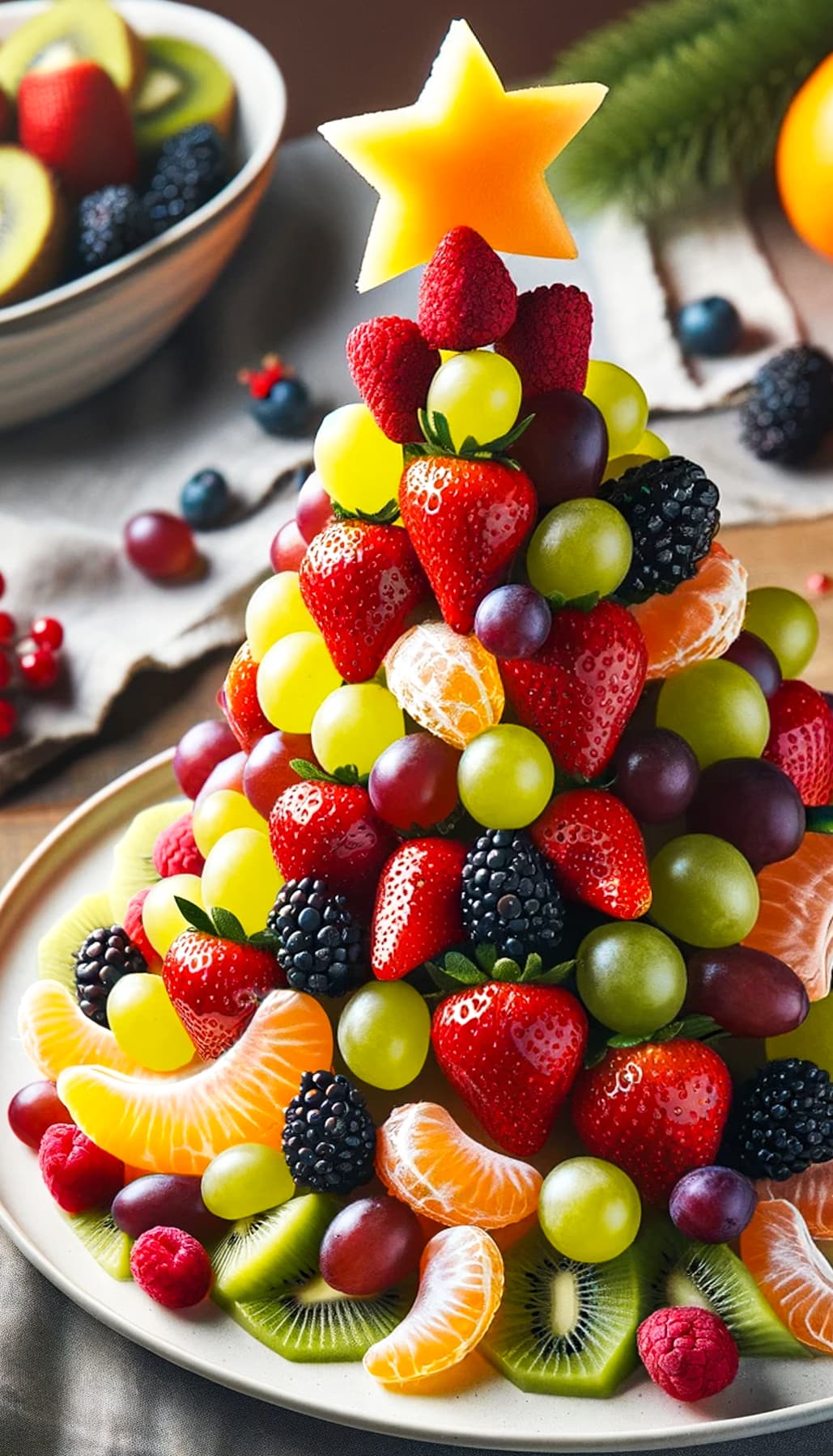 Edible Christmas tree made with strawberries, grapes, oranges, kiwi, and more.