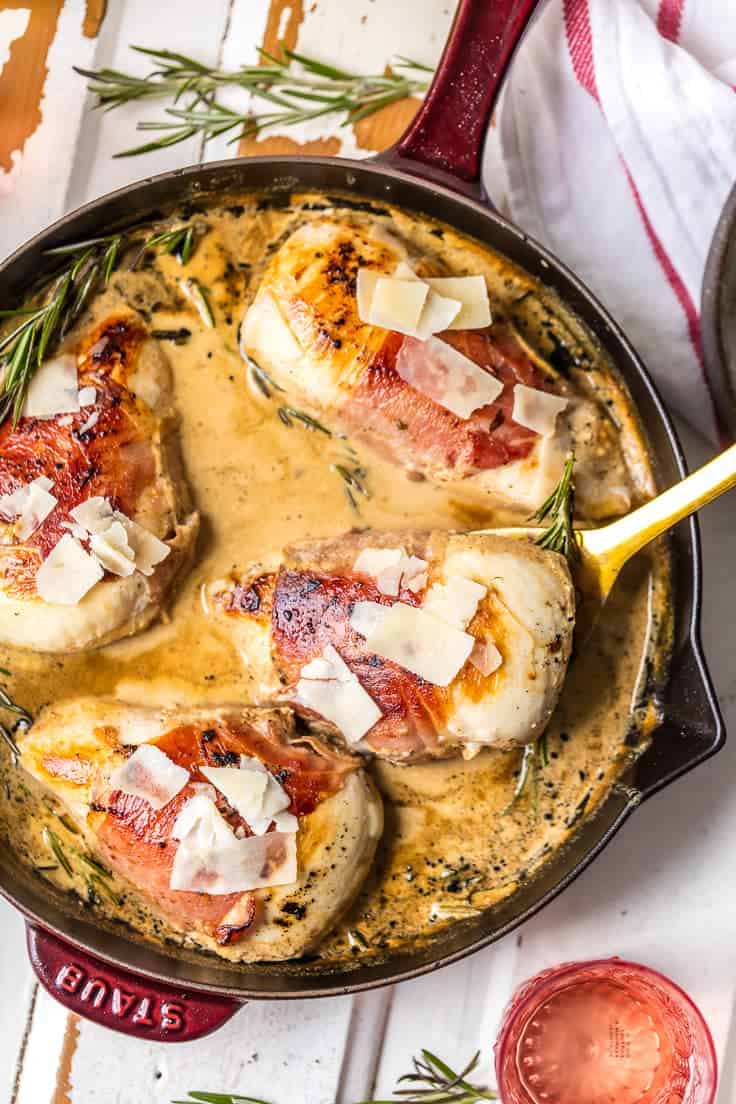 Proscuitto Wrapped Sherry Cream Chicken in a skillet