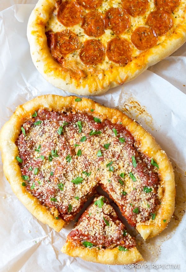 Cheese and Pepperoni oval deep dish pizzas