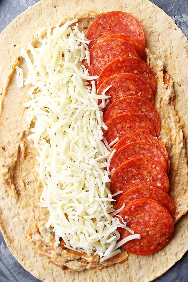 Hummus Pepperoni Pizza Wraps - Quick, easy, 5-ingredient flavor-packed wraps with hummus, pepperoni, and mozzarella cheese.