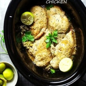 Crock Pot Garlic Lime Chicken - Chicken breasts simmered in an amazing garlic and lime mixture, and cooked to a tender perfection!