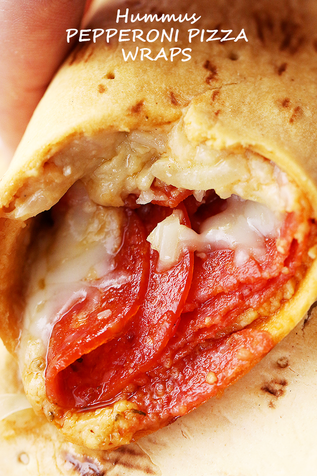 Hummus Pepperoni Pizza Wraps - Quick, easy, 5-ingredient flavor-packed wraps with hummus, pepperoni, and mozzarella cheese.